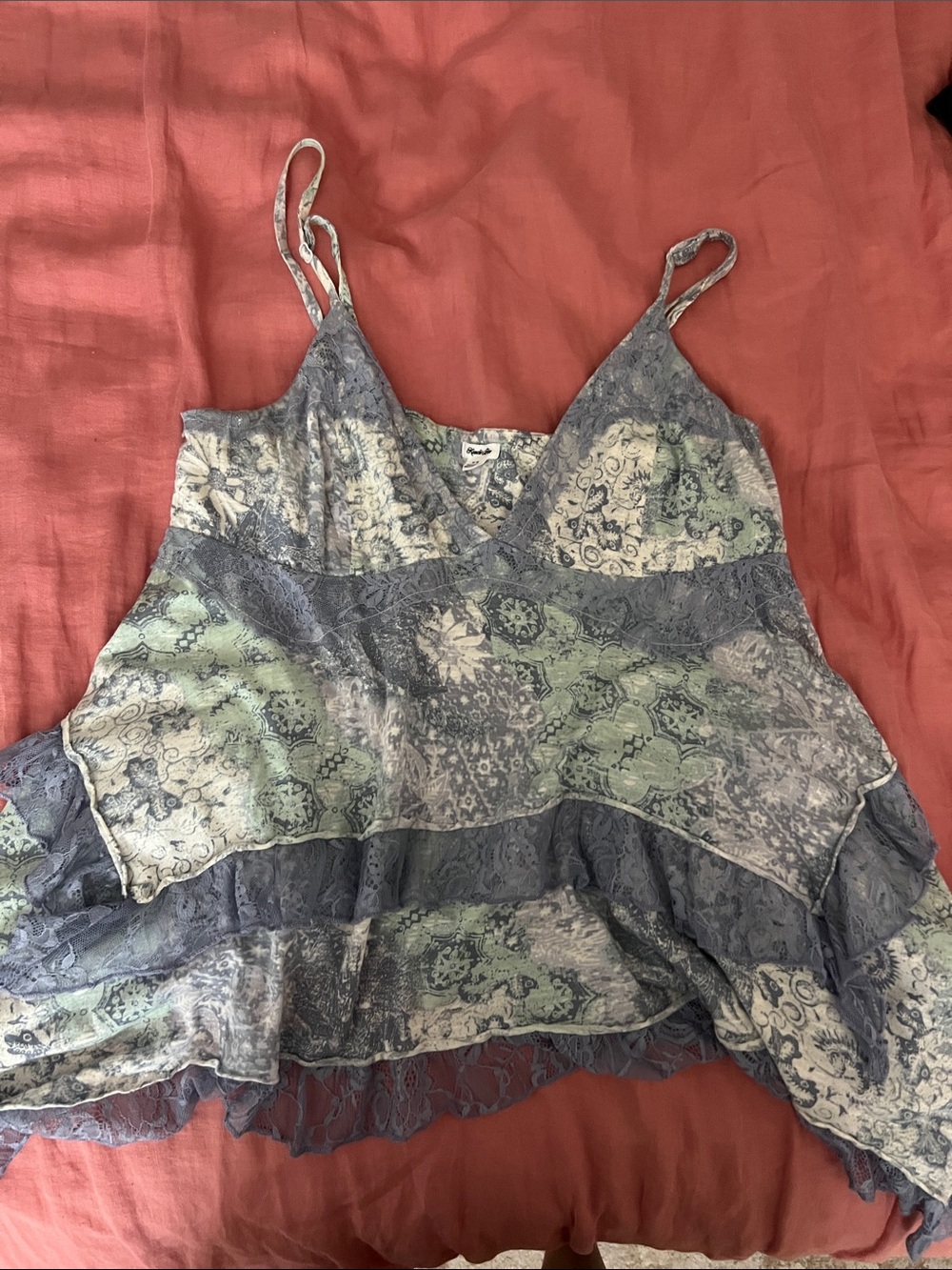 Kimchi Blue Blue and Green Printed Lace-Trim Camisole